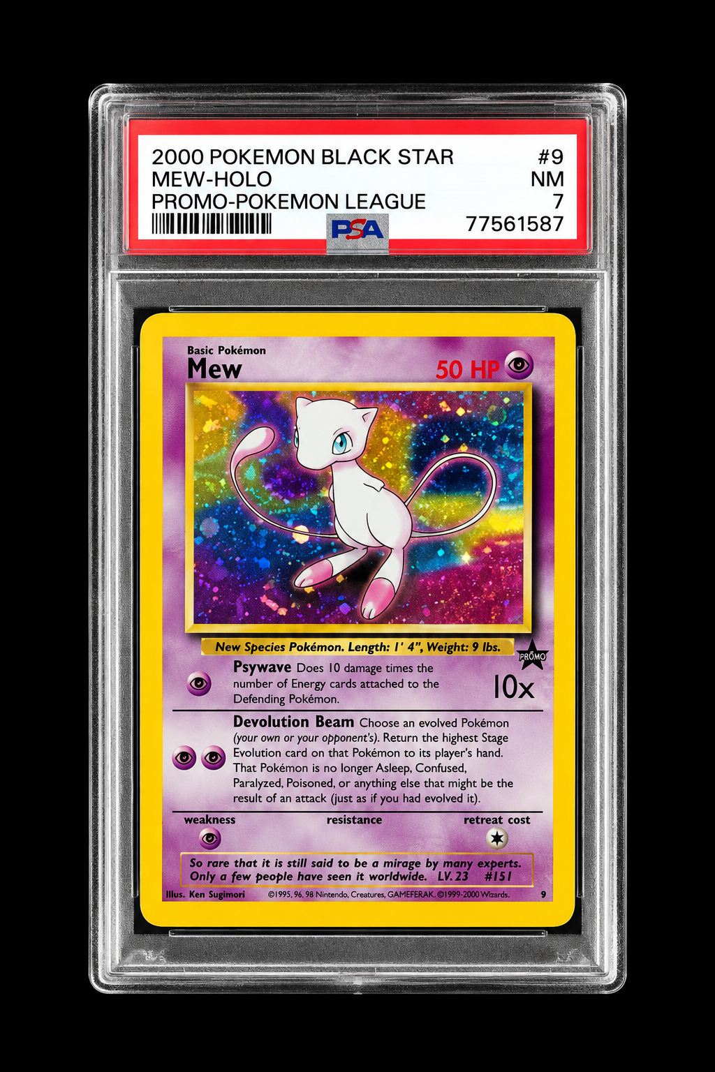 Englische Mew Holo Black Star Promo #9 von 2000 im PSA-7-Slab, Zertifikatsnummer 77561587