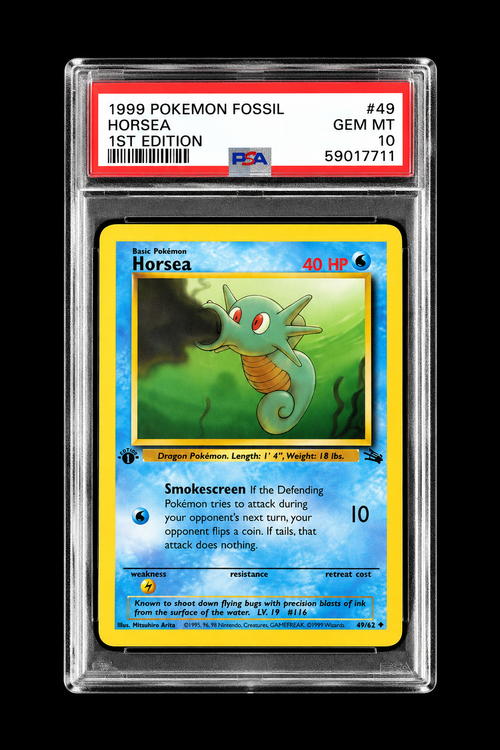 Englische Horsea-Karte 49/62 aus Fossil 1999, 1st Edition, im PSA-10-Slab mit Zertifikatsnummer 59017711